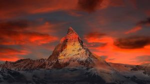mountains, snow, sunset