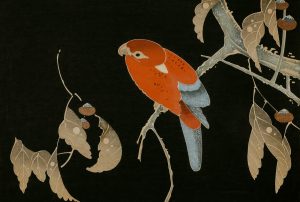 a painting of a red bird sitting on a branch