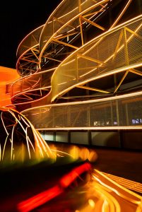 a blurry photo of a building at night