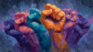 fist, unity, solidarity, protest, revolution, resistance, activism, power, hope, movement, raised, strength, equality, justice, freedom, orange, teal, symbol, political, social, fight, together, community, ai generated