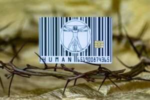 A close up of a barcode with a picture of jesus on it