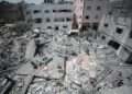 Destroyed buildings and rubble in a city