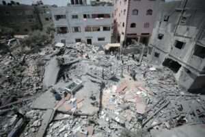 Destroyed buildings and rubble in a city