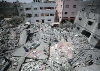 Destroyed buildings and rubble in a city